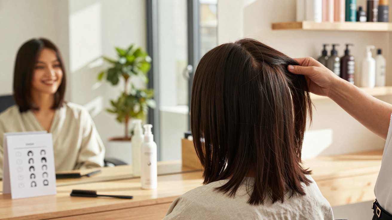 Woman with shoulder-length dark hair sitting in a salon chair looking in the mirror while a stylist checks her hair.