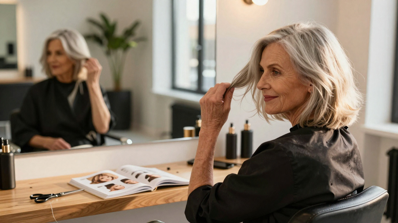 Older woman with grey hair sitting in salon chair, looking at her reflection while touching her hair.