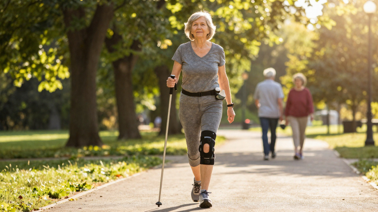 Elderly woman walking with a knee brace and walking pole on a sunny park path with trees around.