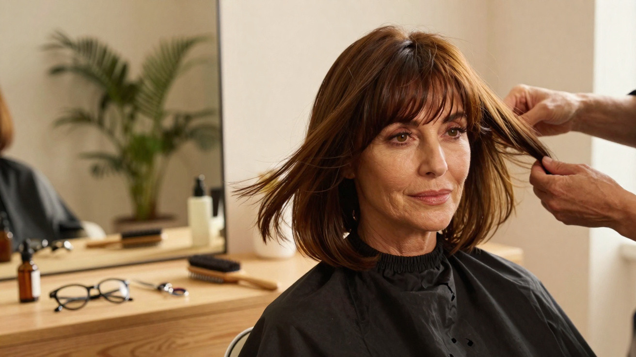 Middle-aged woman getting a haircut at a salon with a stylist adjusting her hair.