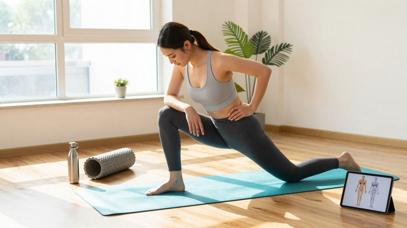 Woman stretching on yoga mat in bright room with foam roller, water bottle, and tablet showing muscle diagrams.