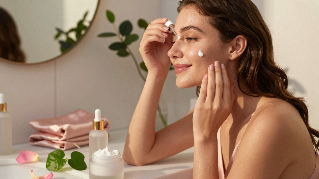Young woman applying cream to her face in a bright room with skincare products on the table.