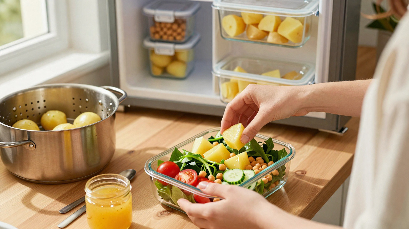 Person placing potatoes into a glass container with salad ingredients on a kitchen counter.