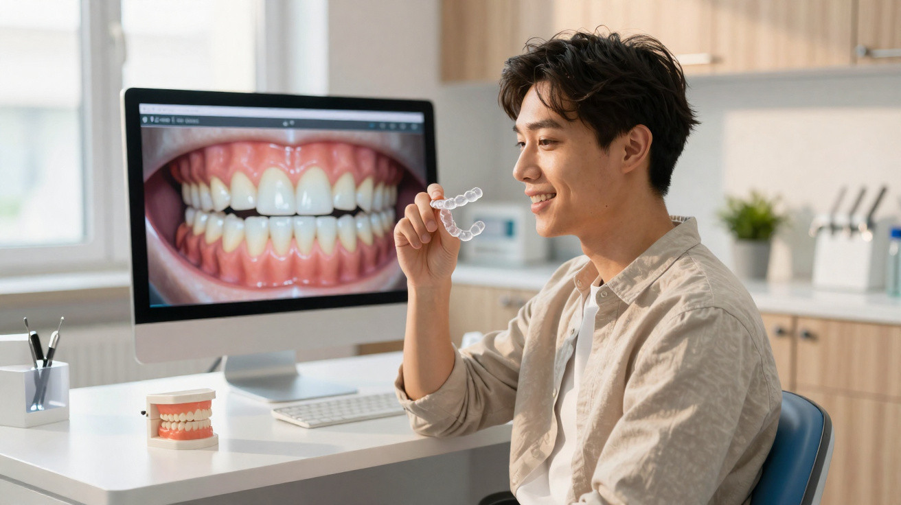 Young man holding a clear dental aligner with a teeth image displayed on a computer screen behind him.