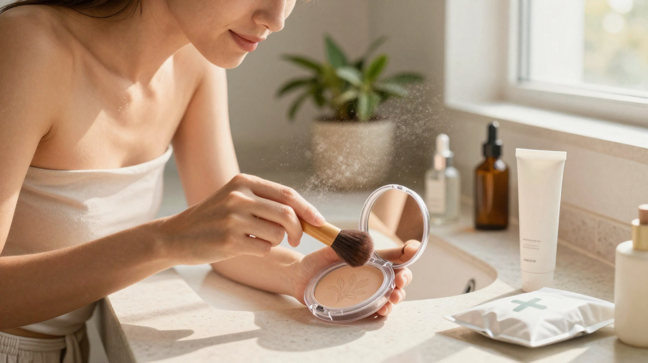 Woman applying face powder with a brush in a bright bathroom near a window and skincare products on the counter.