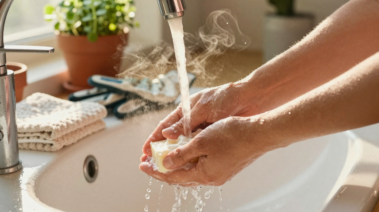Hands washing with hot water and soap above a white sink with steaming water running from the tap