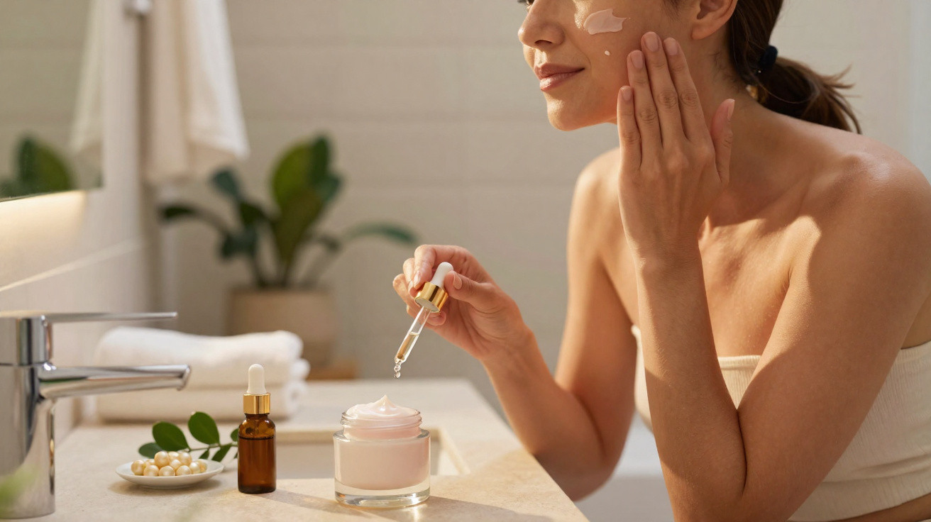 Woman applying face serum in bathroom with skincare products on countertop and plant in background