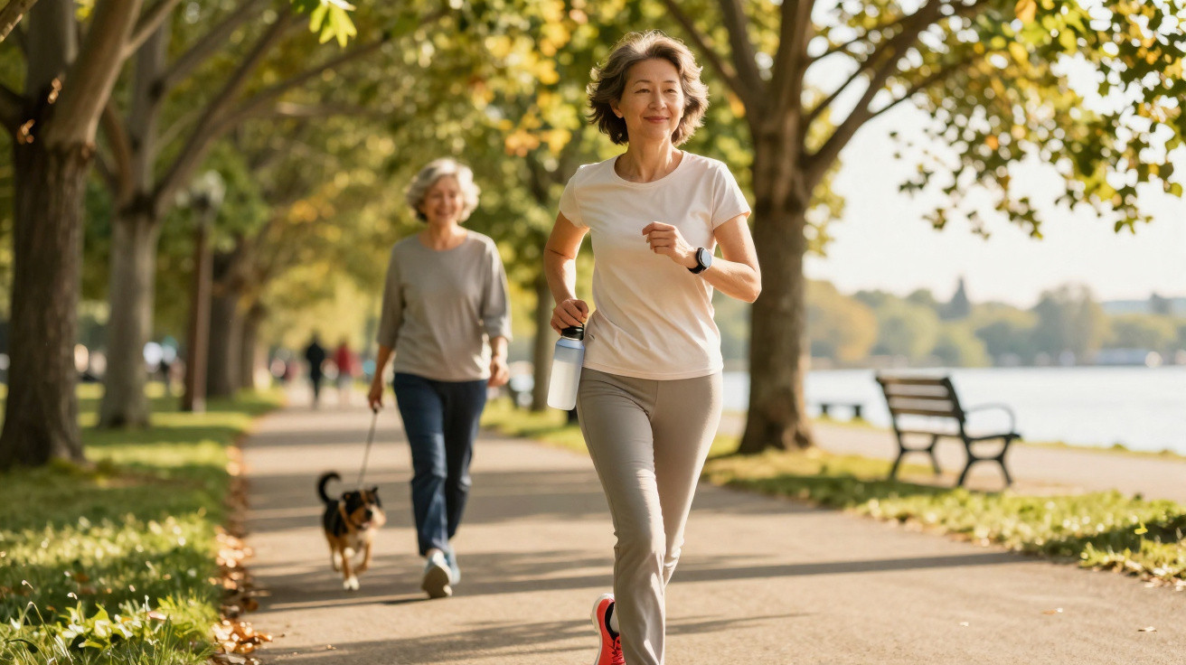 Two older women exercising outdoors by a lakeside path lined with trees on a sunny day