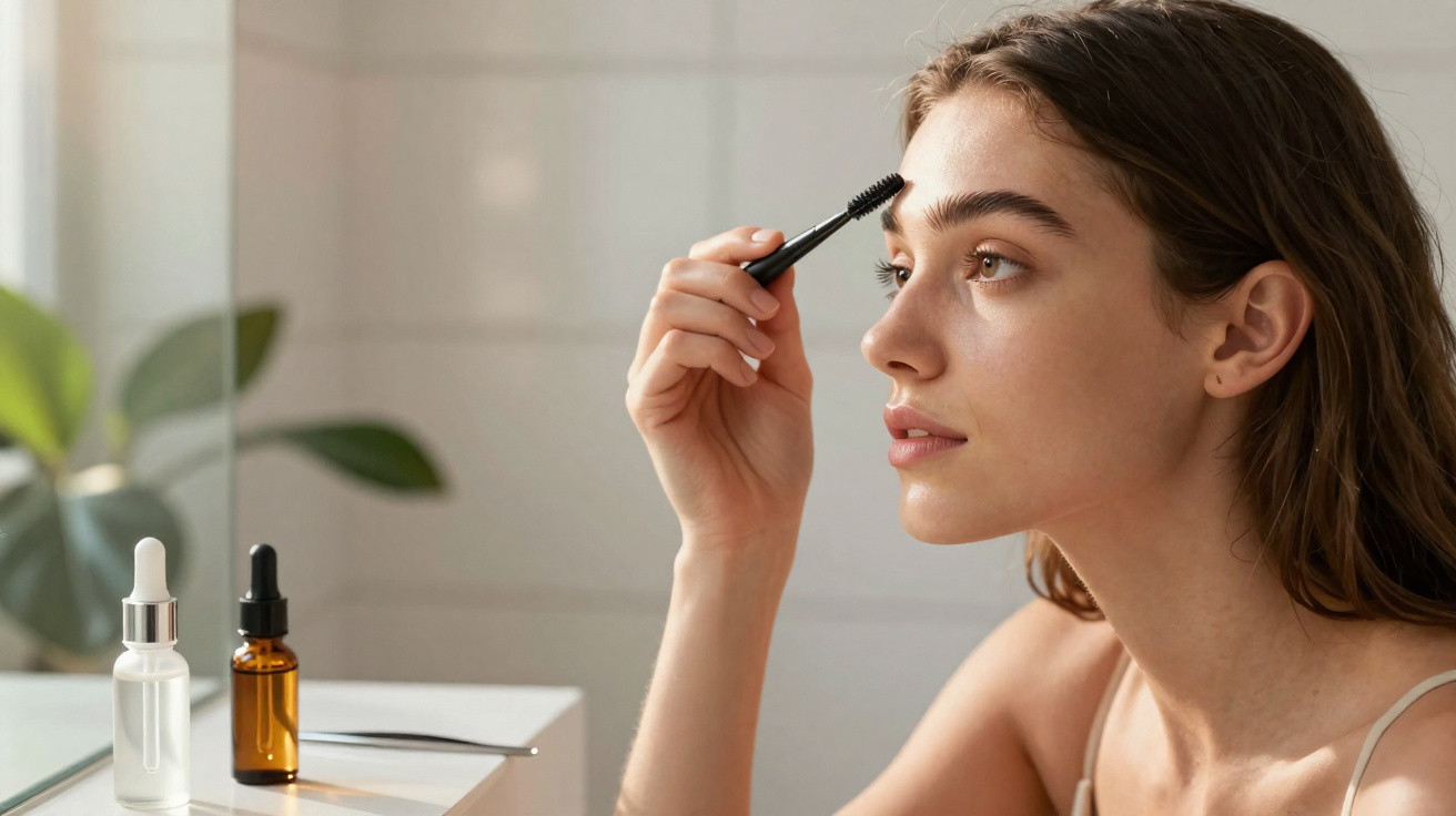 Young woman grooming her eyebrows with a spoolie brush in a bright, minimalist bathroom.