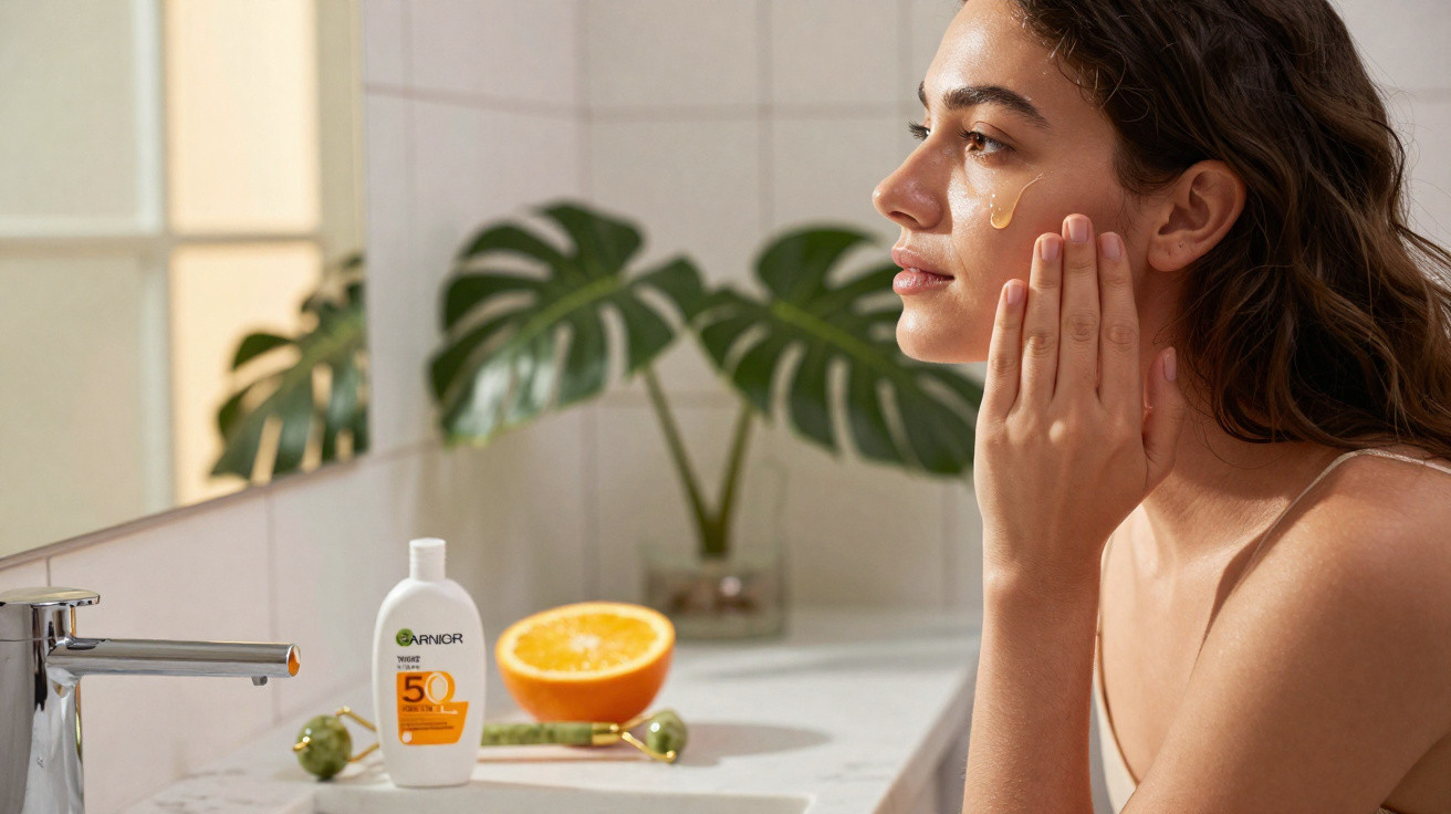 Woman applying SPF 50 sunscreen to her face in a bathroom with a bottle and half an orange on the counter.