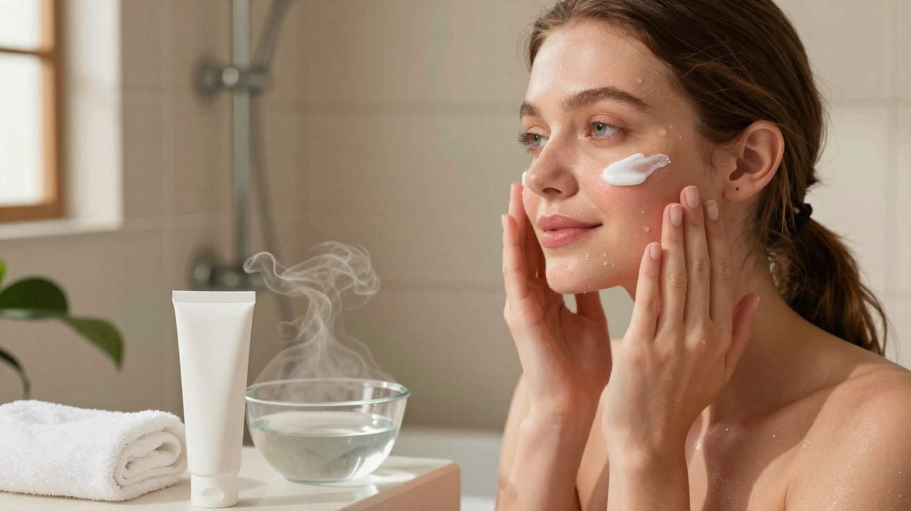 Young woman applying cream to her face in a steamy bathroom with skincare products nearby.
