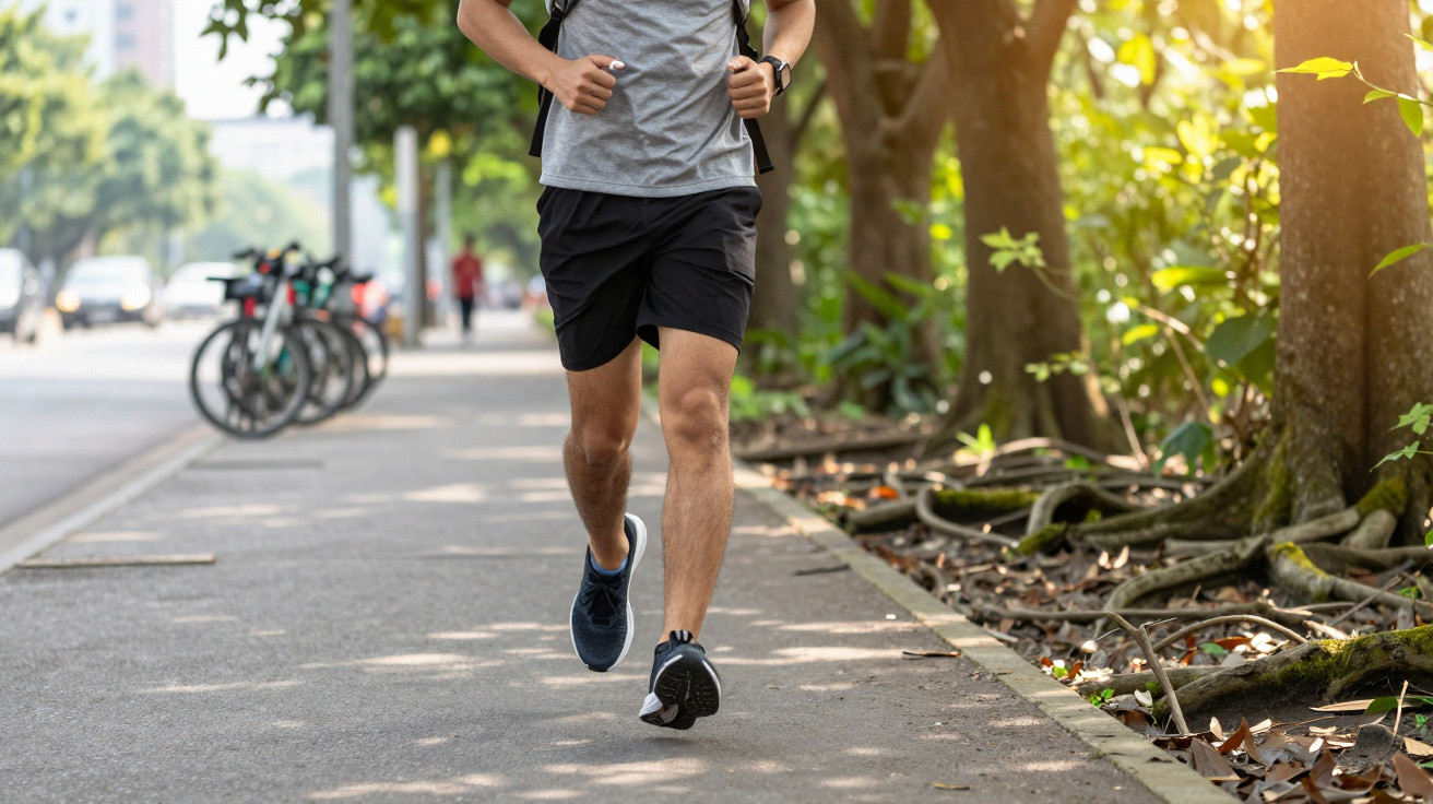 Person jogging on a tree-lined urban path wearing black shorts, grey t-shirt, and navy running shoes.