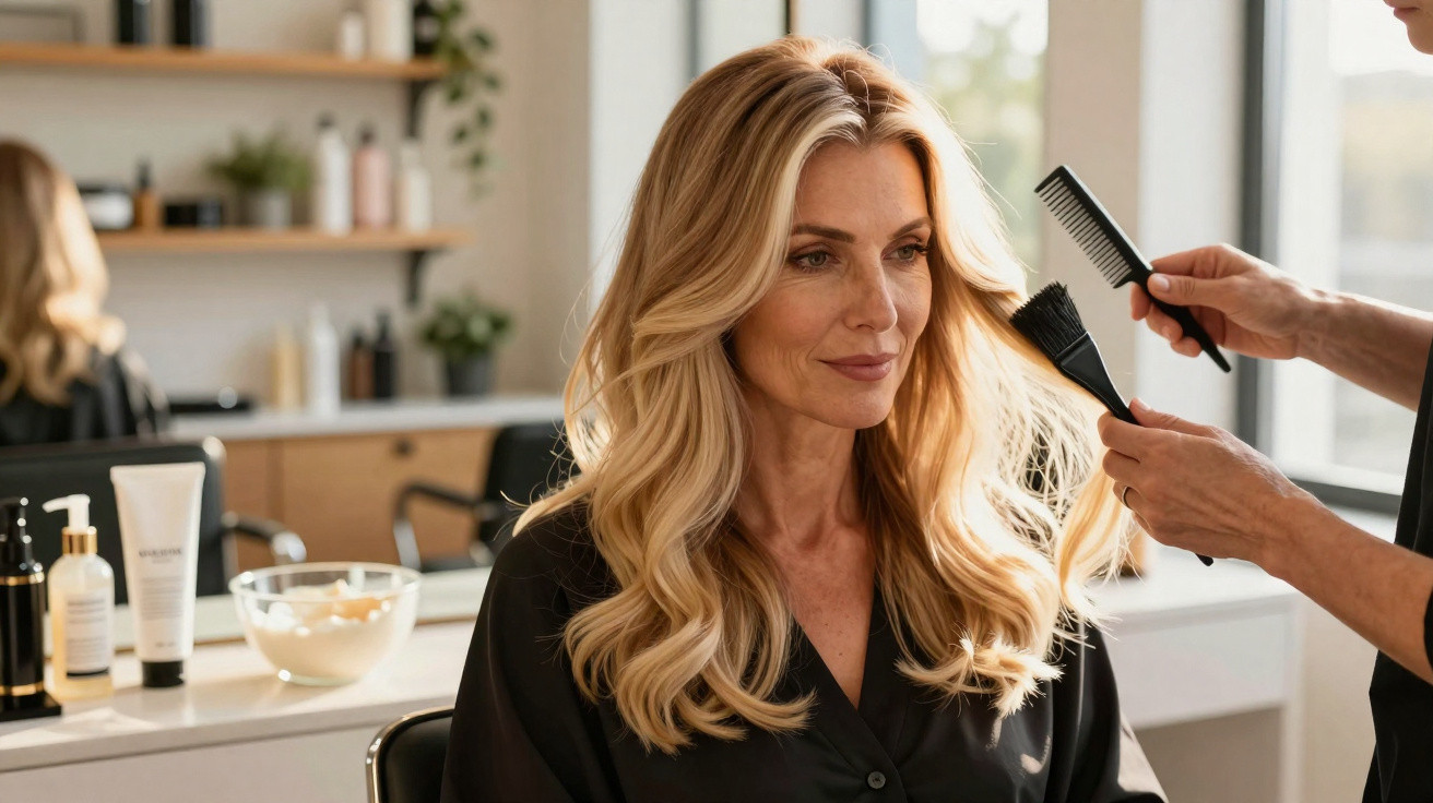 Woman with long blonde hair sitting in salon while stylist applies hair dye with brush and comb.