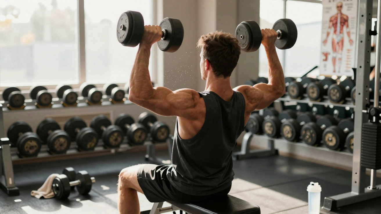 Man lifting dumbbells seated on a bench in a gym with rows of weights in the background.