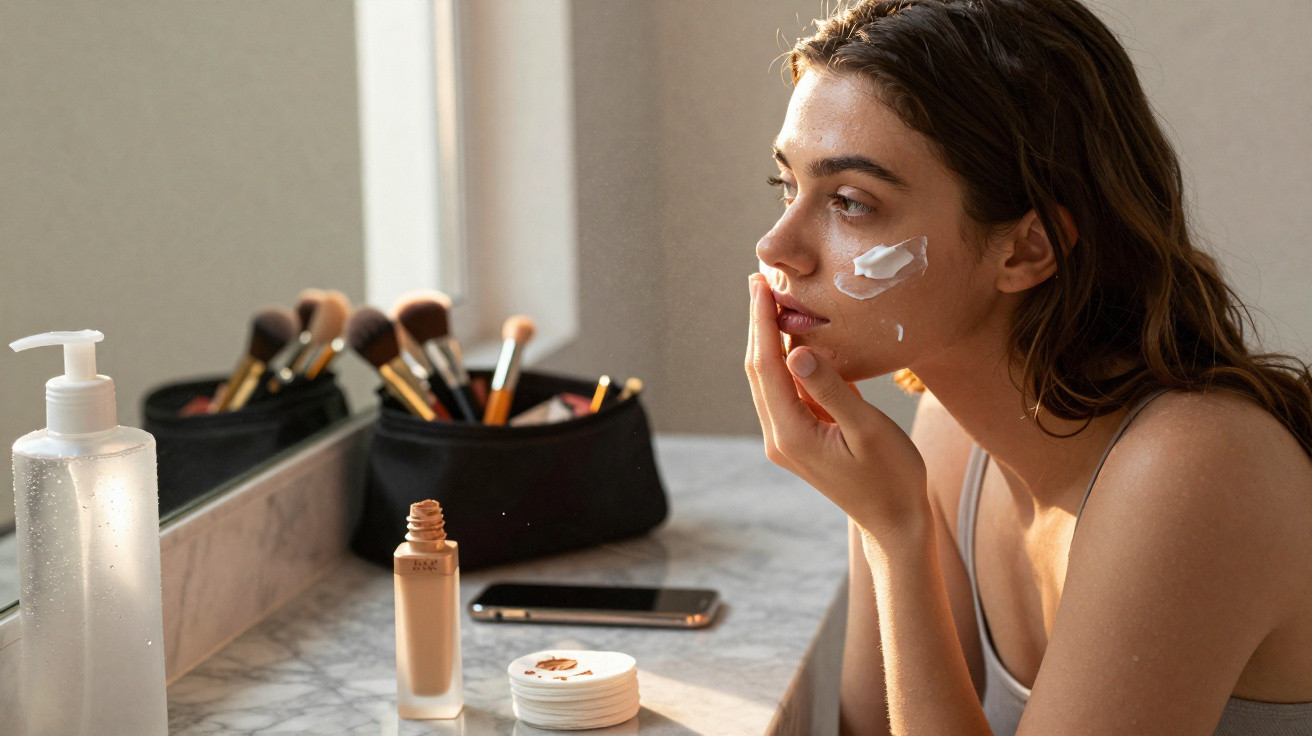 Young woman applying face cream at a marble vanity with makeup brushes and skincare products nearby