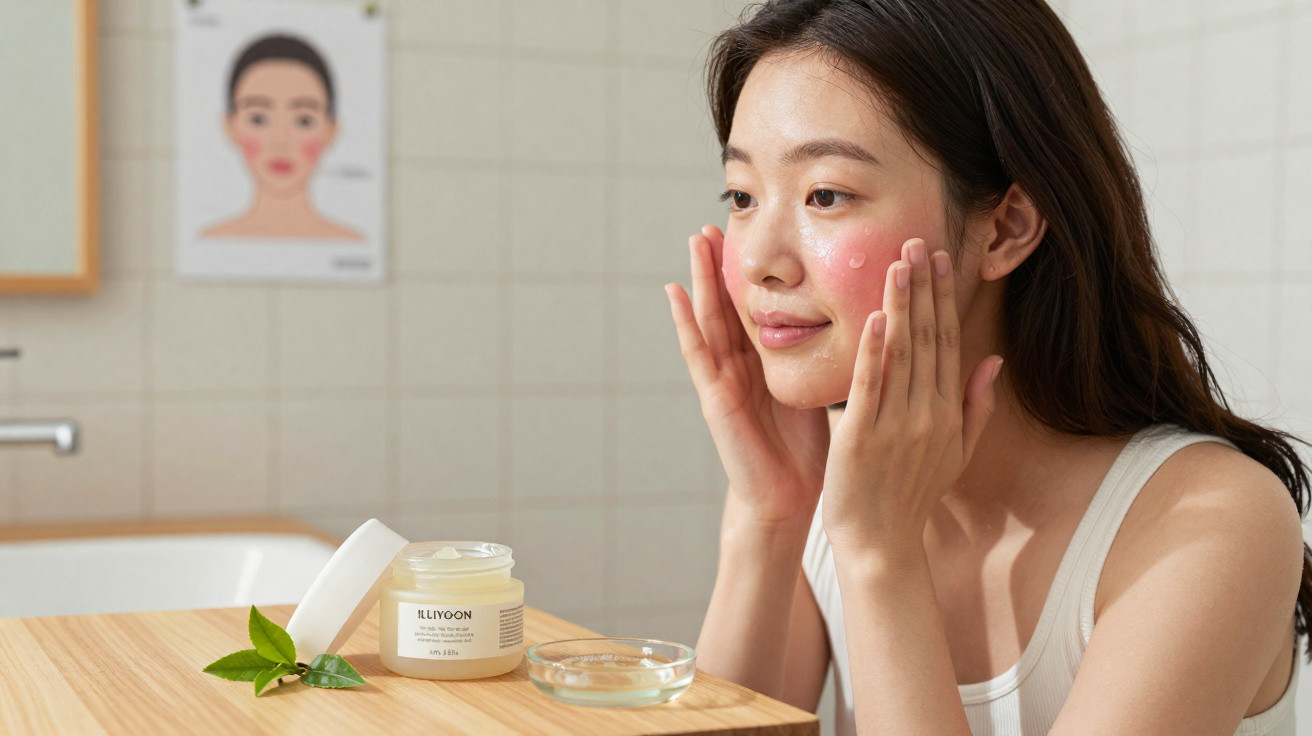 Young woman applying cream to her cheeks in a bright bathroom with skincare products on the table.