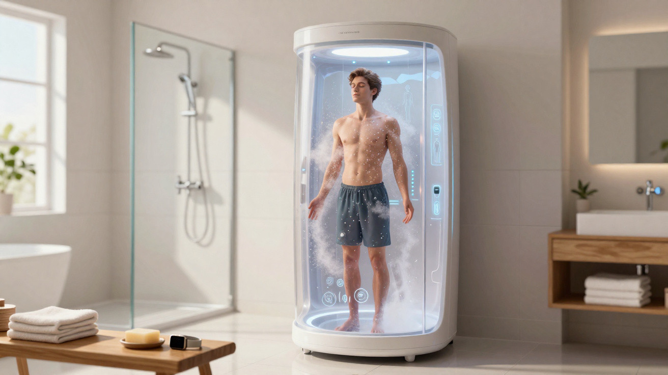 Young man in boxer shorts standing inside a futuristic transparent shower capsule in a modern bathroom.