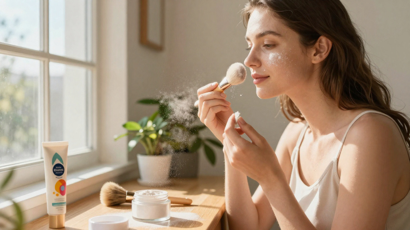 Young woman applying face powder with brush near window on wooden surface with skincare products.