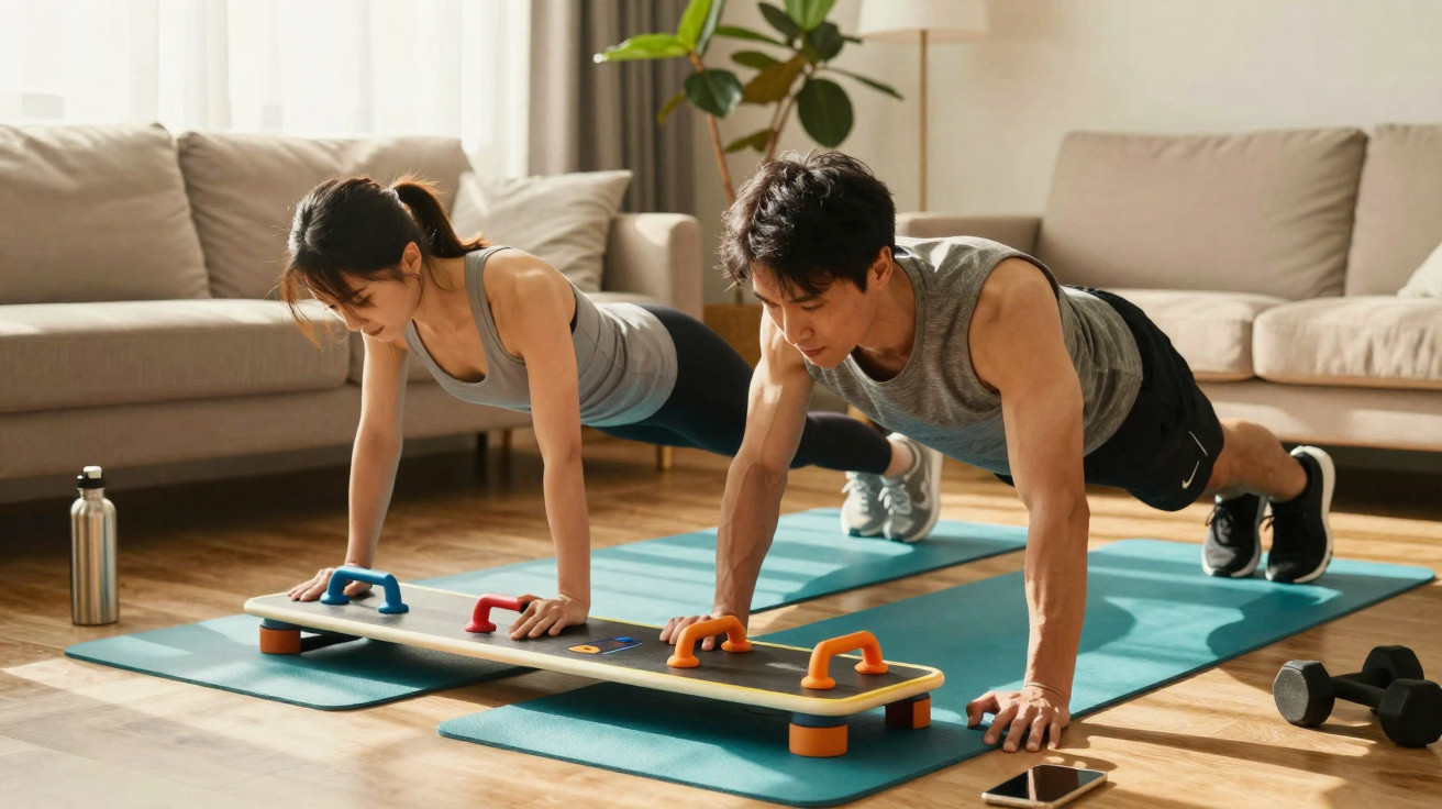 A man and woman doing push-ups on yoga mats in a living room with fitness equipment nearby.