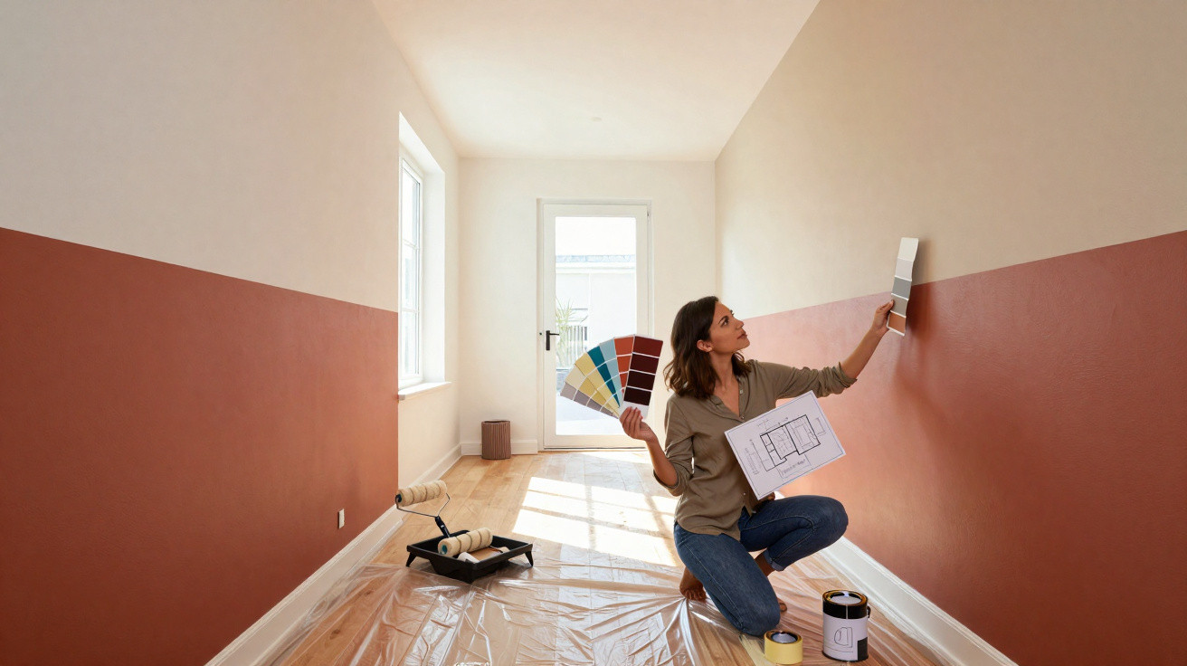 Woman kneeling in a sunlit room comparing paint swatches on a half-painted terracotta wall with floor plan documents.