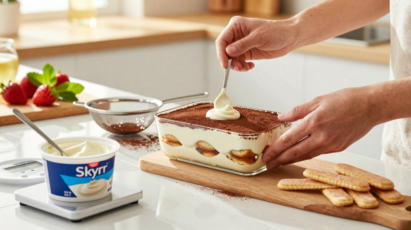 Hands spreading cream on a tiramisu dessert in a glass dish on a kitchen counter with biscuits and strawberries nearby.