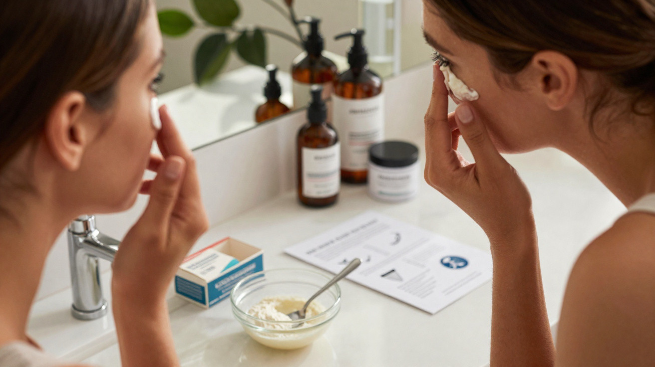 Woman applying cream to her face in front of a bathroom mirror with skincare products on the counter.