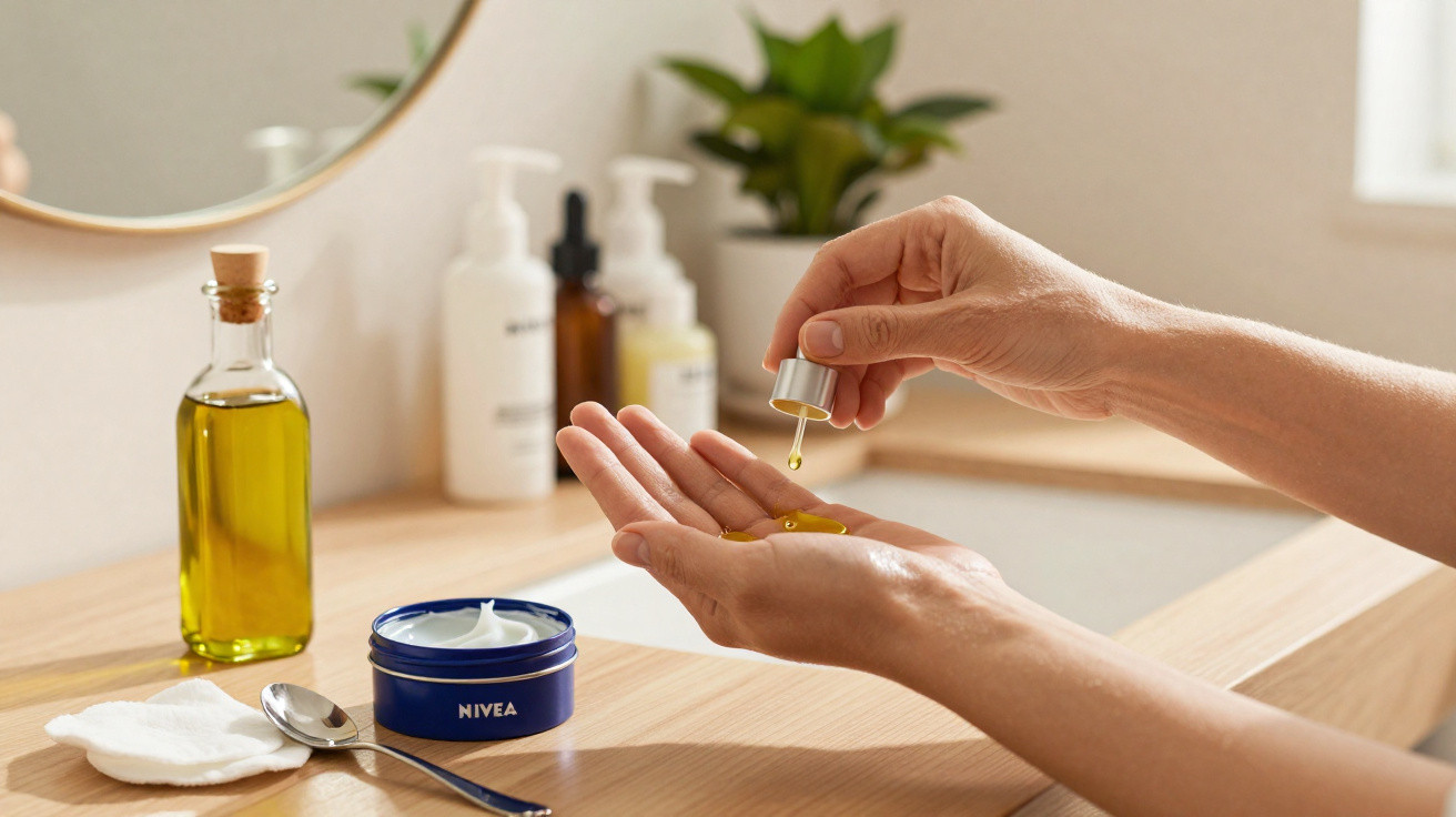 Hands dripping facial oil onto palm above a wooden vanity with skincare products and plant in soft natural light