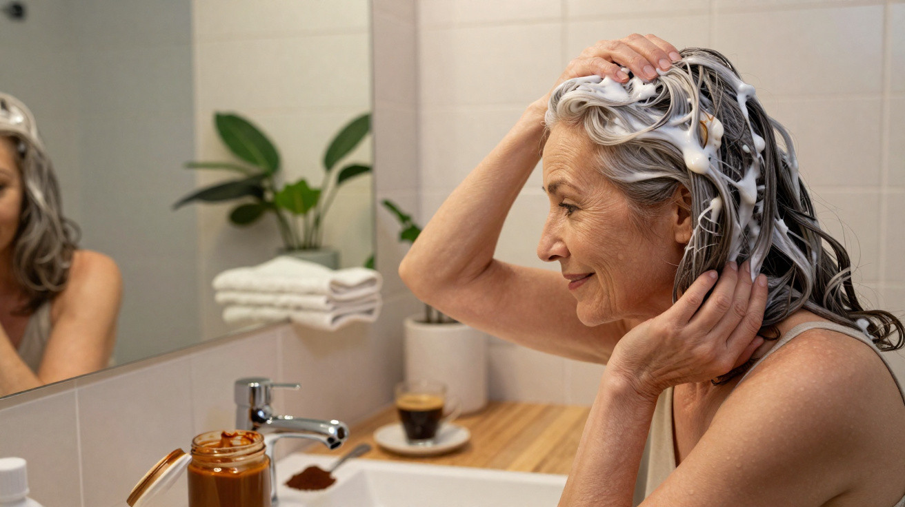 Older woman applying shampoo to grey hair in a bathroom, looking at her reflection in the mirror.