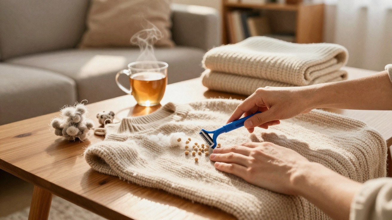 Person removing pilling from a beige knitted sweater on a wooden table with a steaming cup of tea nearby.