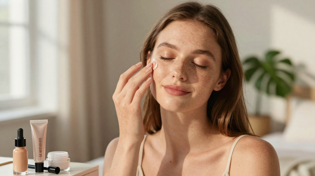 Young woman with freckles applying facial cream in a bright, softly lit room with skincare products nearby.