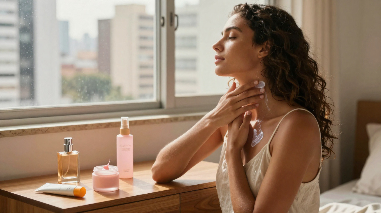 Woman applying cream to neck while sitting by a window with skincare products on a wooden table.