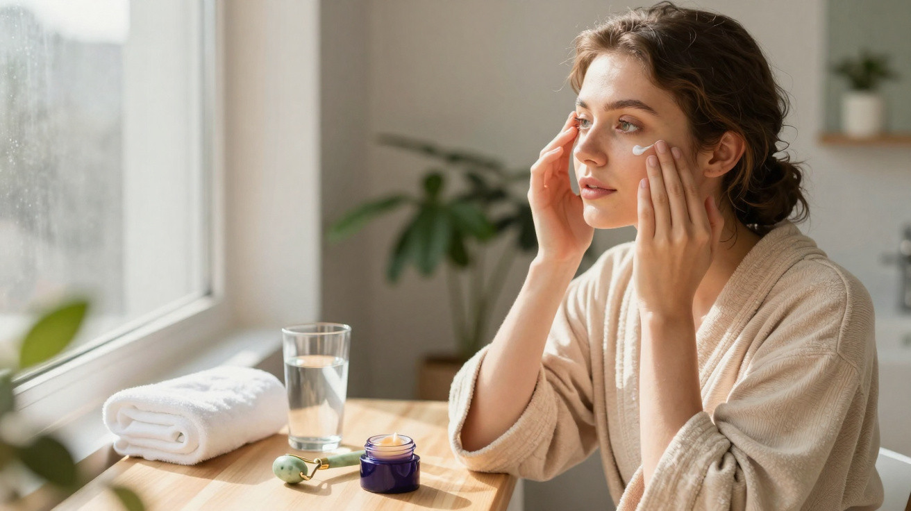 Woman in a bathrobe applying eye cream at a wooden table with skincare items by a window in natural light