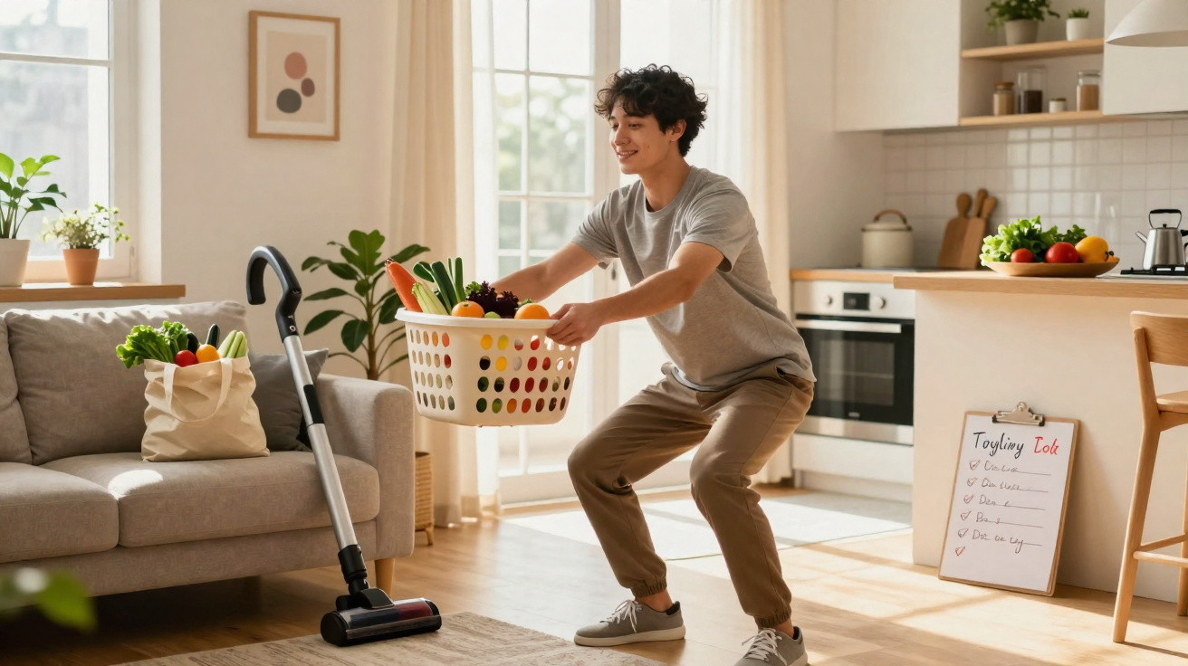 Young man carrying laundry basket filled with fresh vegetables in a bright kitchen and living room.