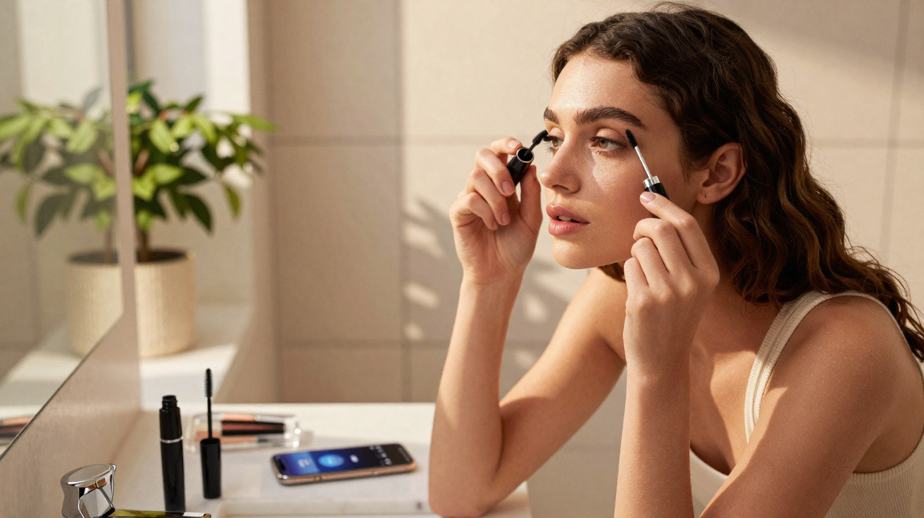 Woman applying mascara to her eyelashes while looking into a bathroom mirror with a potted plant nearby.
