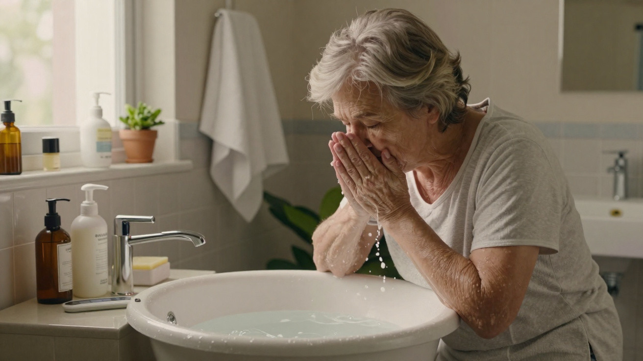 Elderly woman splashing water on her face over a white bathroom sink with toiletries on the counter.
