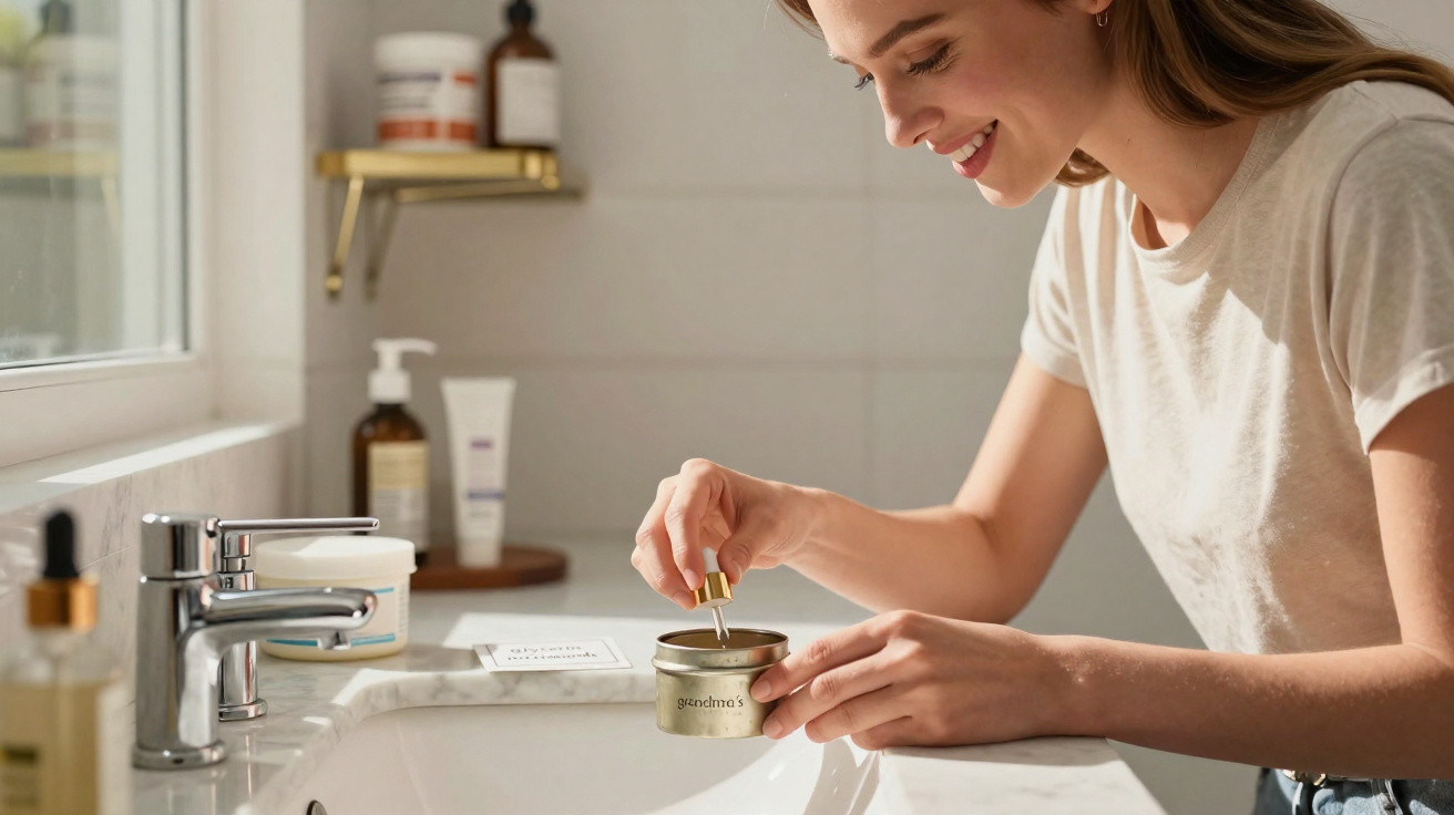 Smiling woman using a dropper to apply skincare product in a bright bathroom by the sink.