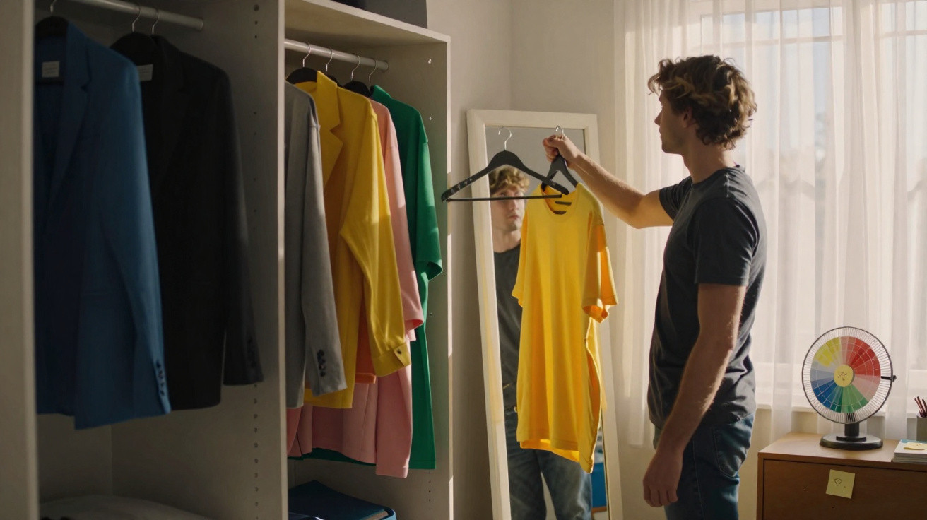 Man holding yellow t-shirt on hanger in front of full-length mirror beside wardrobe with colourful clothes.