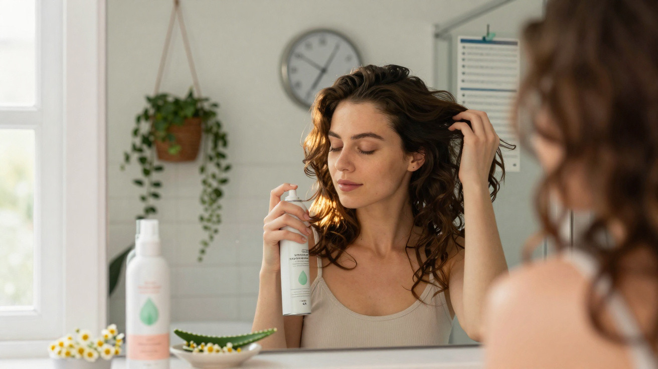 Woman applying hair product in front of bathroom mirror with plants and clock in background