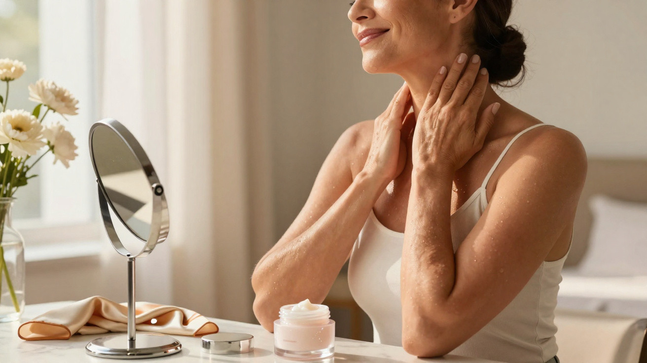 Middle-aged woman applying cream on neck while sitting at a vanity table with mirror and flowers.