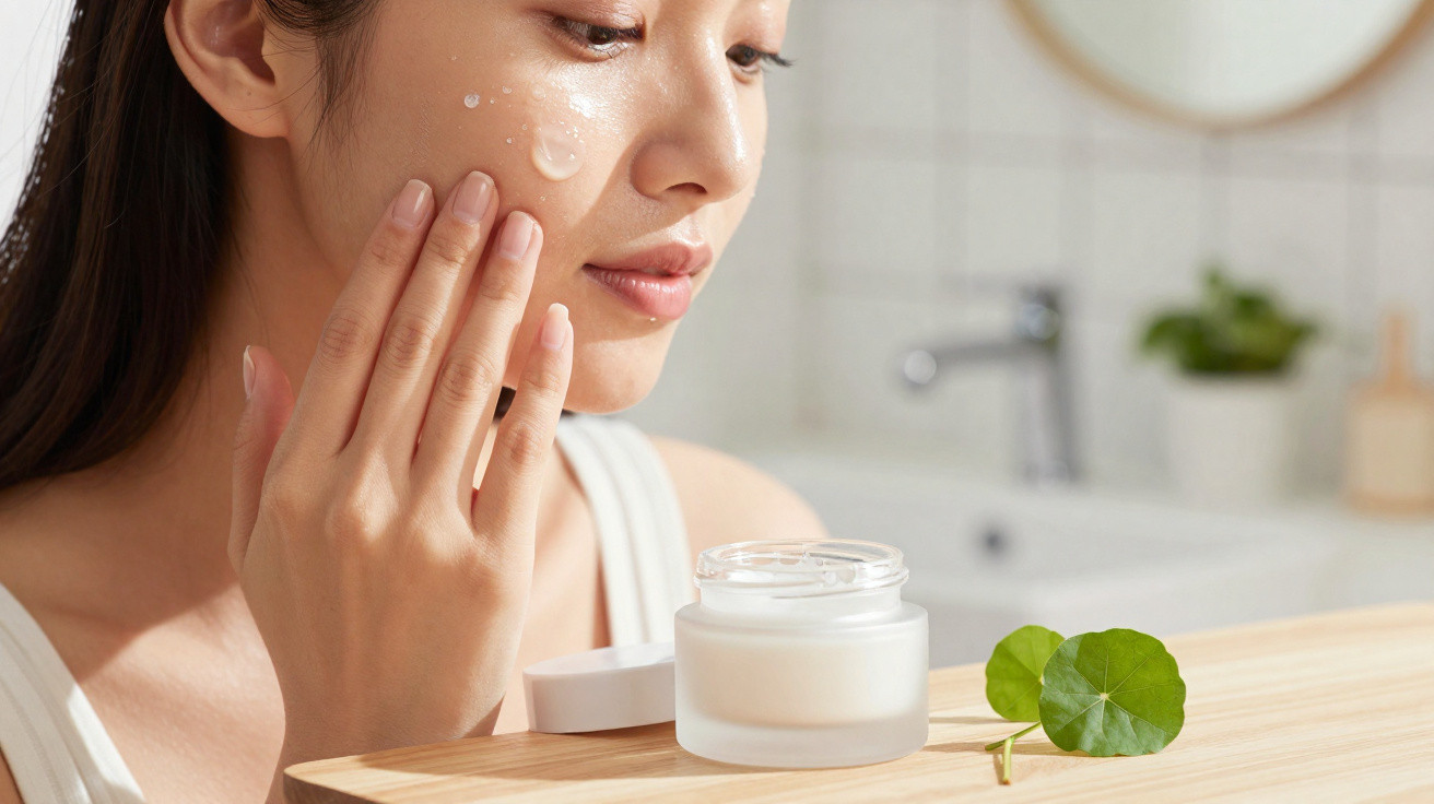 Young woman applying cream on her cheek with an open jar and green leaf on a wooden surface nearby