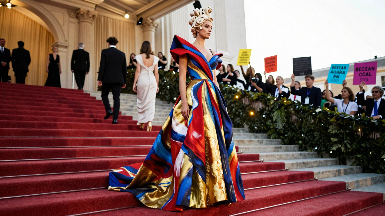 Model wearing a colourful abstract gown and sculpted hair standing on red carpeted stairs at a formal event.