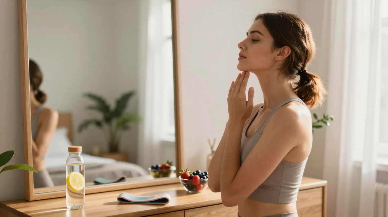 Young woman in sportswear meditating with eyes closed in front of mirror in a bright room with fruit bowl and water bottle.