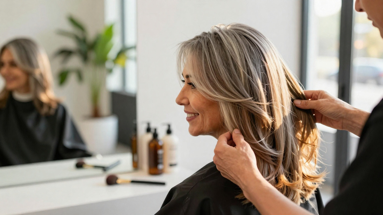 Hairdresser styling a smiling middle-aged woman’s blonde hair in a bright salon with a mirror in the background.